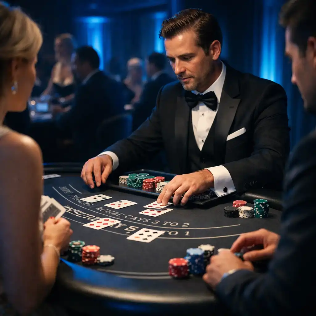 Elegancki stół do blackjacka z profesjonalnym krupierem podczas Casino Night