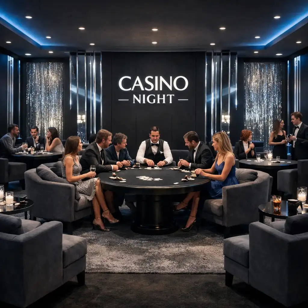 Strefa card lounge z wygodnymi fotelami i stolikami do pokera podczas Casino Night