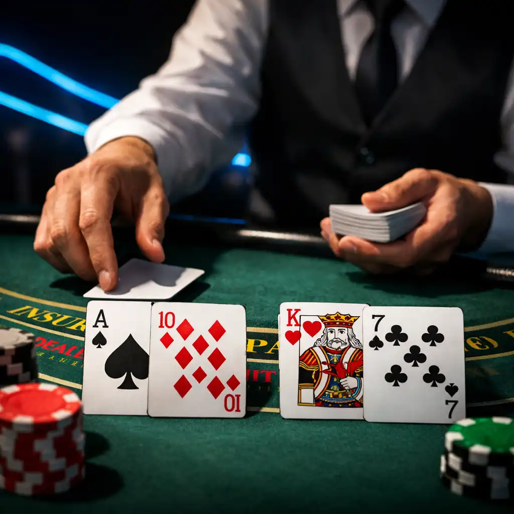 Zbliżenie na stół do blackjacka podczas Casino Night z profesjonalnym krupierem