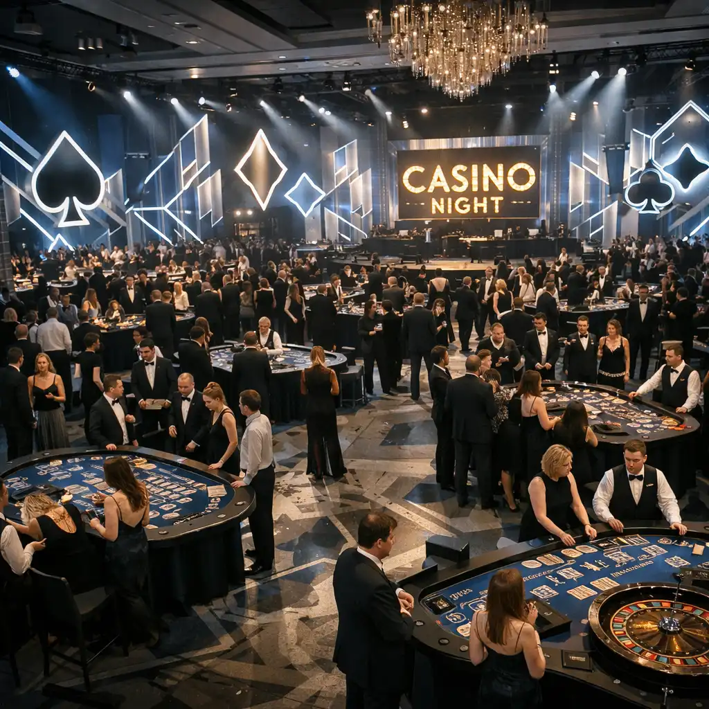 Widok z góry na elegancką galę firmową z motywem casino, dekoracje w kolorze elektrycznego błękitu i srebra