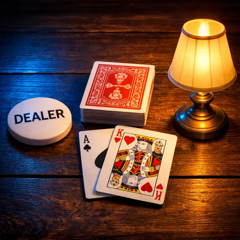 Akcesoria pokerowe: button dealera, talia kart i lampka stołowa