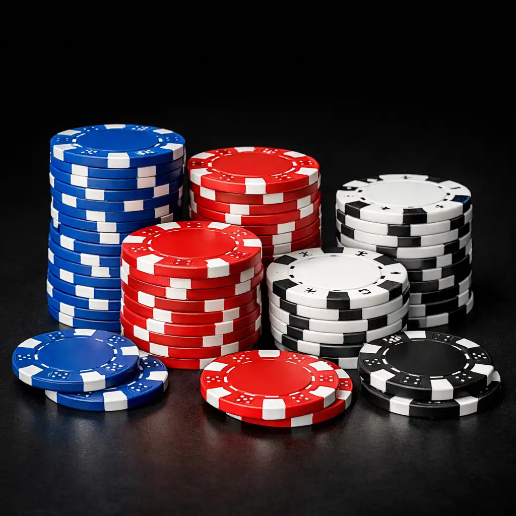 Stosy kolorowych żetonów pokerowych na ciemnym tle