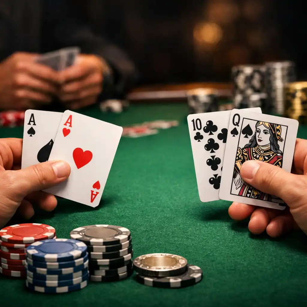 Zbliżenie na ręce graczy trzymających karty przy stole pokerowym