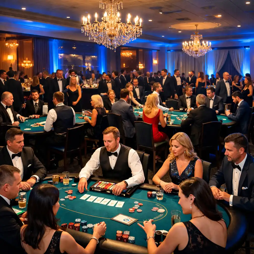 Sala bankietowa z kilkoma stołami pokerowymi i gośćmi w eleganckich strojach