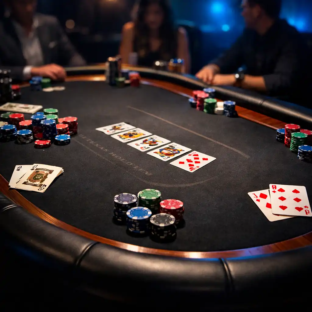 Profesjonalny stół pokerowy z kartami i kolorowymi żetonami w eleganckiej sali