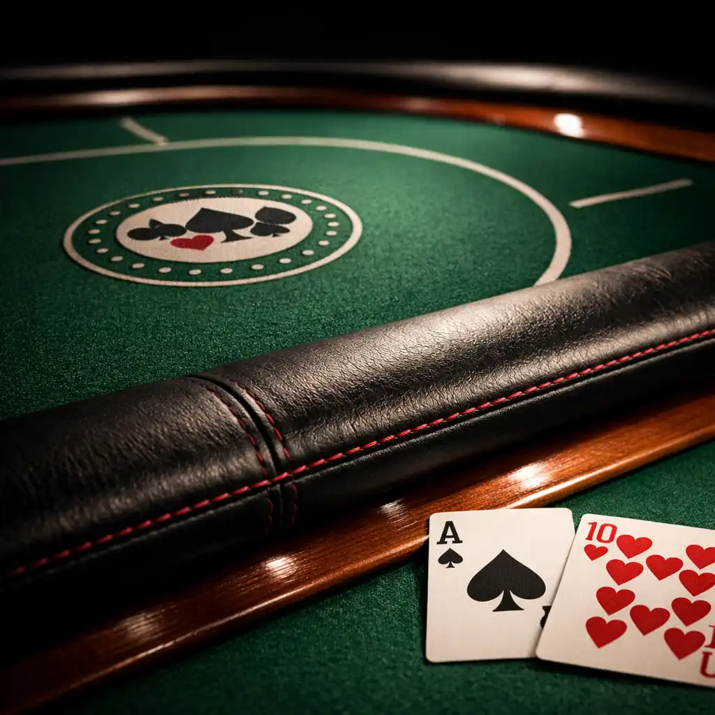 Stół pokerowy z bliska, widok na krawędź z podłokietnikiem i suknem