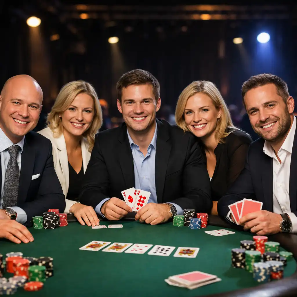 Uczestnicy turnieju firmowego przy stole pokerowym w biznesowych strojach