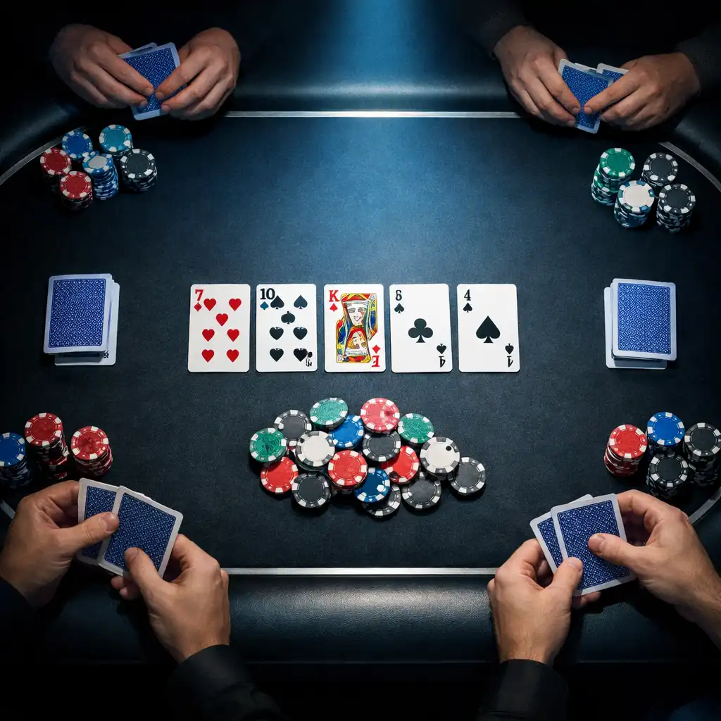 Stół pokerowy z widoku z góry podczas turnieju Texas Hold'em