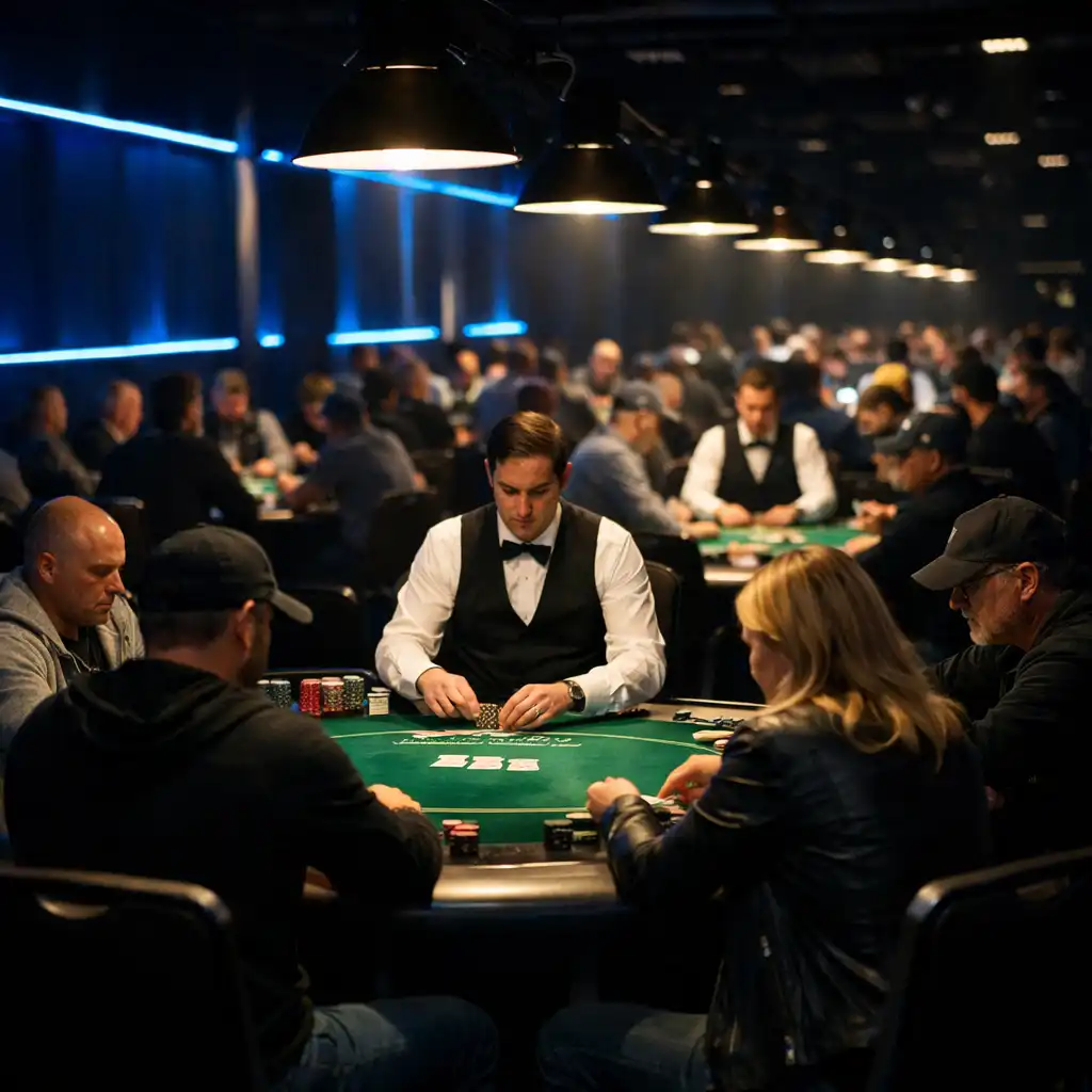 Ustawione w rzędzie stoły pokerowe podczas turnieju dla StartupHub