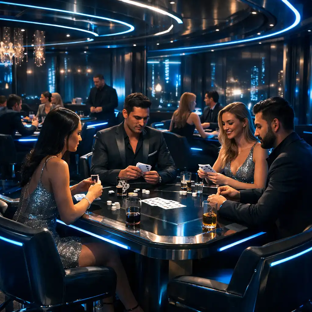 Futurystyczny card lounge z neonowym oświetleniem i gośćmi przy stołach