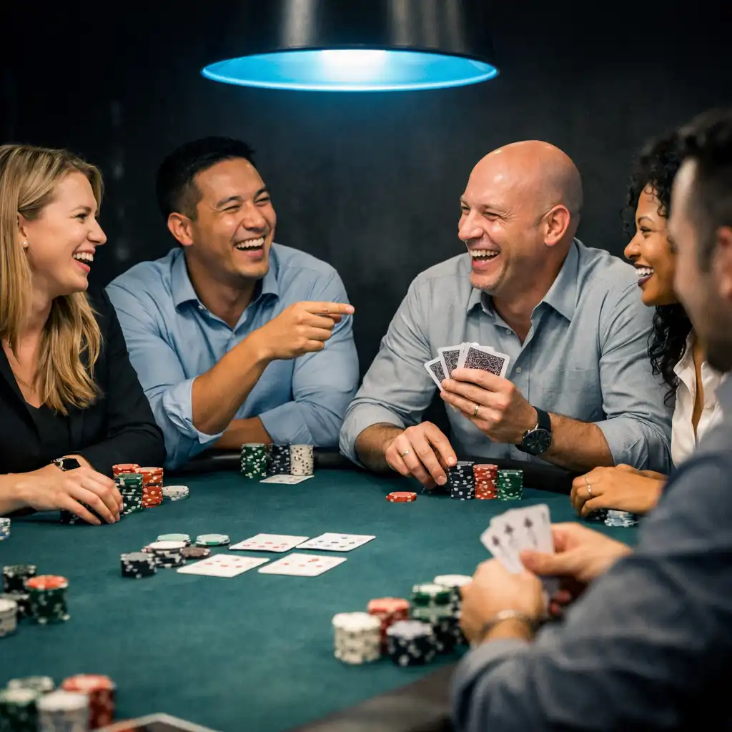 Pracownicy firmy finansowej podczas turnieju pokerowego w ramach team buildingu, przy stole oświetlonym elektrycznym błękitem